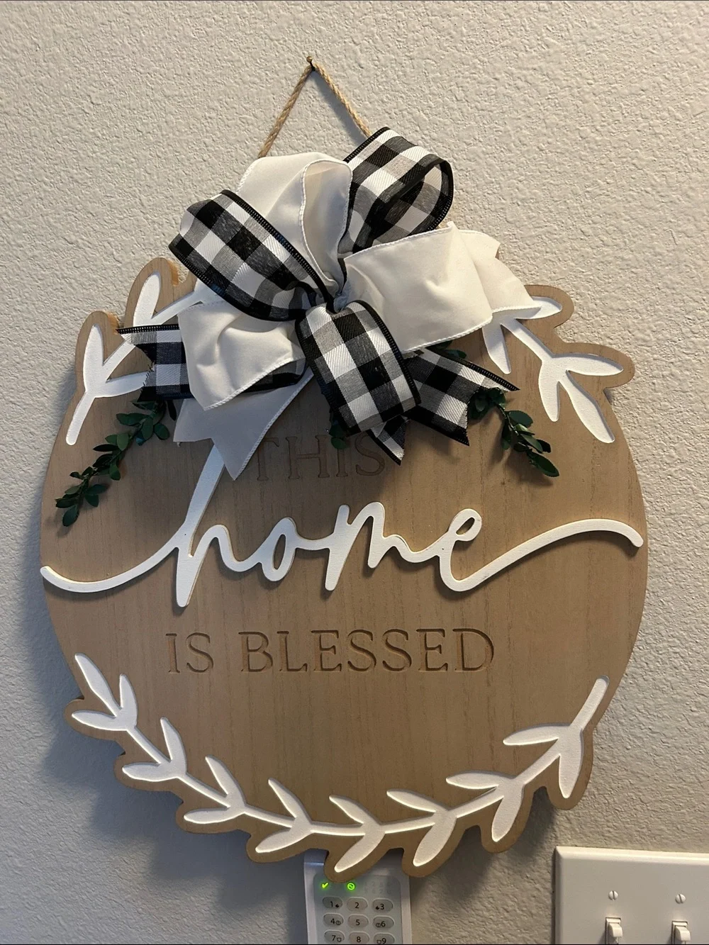 'This Home Is Blessed' Wood Wall Sign with Black Buffalo Check Bow